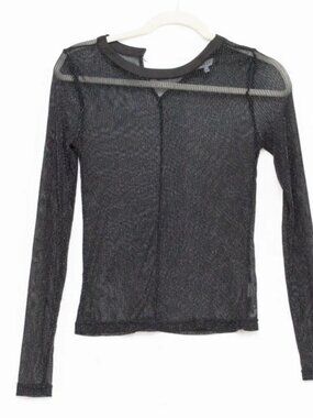 Crescent Goth Y2K Black Fishnet Mesh Sparkly Long Sleeve Top Sheer Grunge Emo M
